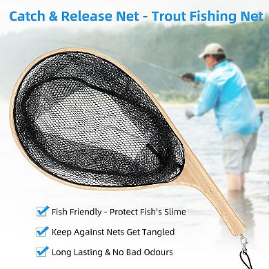 Fly Fishing Net for Trout, Curved Handle Fly Fishing Landing Net with Soft Mesh