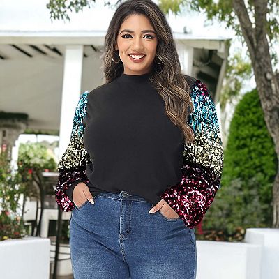 Women's Sparkle Sweatshirt Mock Neck Pullover Glitter Party Tops