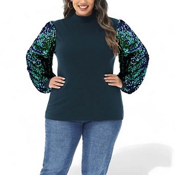 Women's Sparkle Sweatshirt Mock Neck Pullover Glitter Party Tops