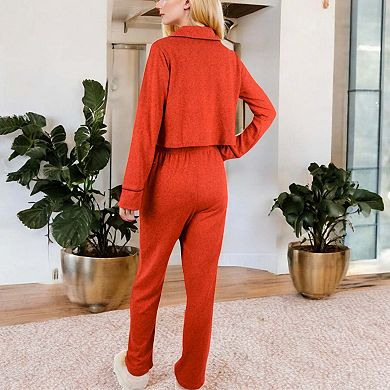 Women's Long Sleeve Button-Up Pajama Set with Piped Trim Details and Relaxed Fit
