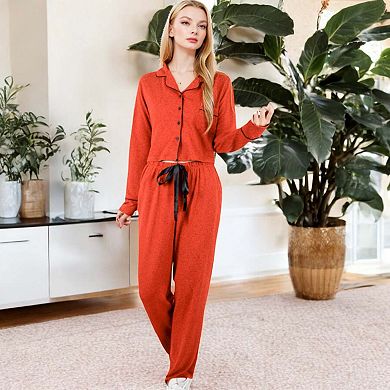 Women's Long Sleeve Button-Up Pajama Set with Piped Trim Details and Relaxed Fit