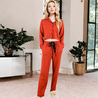 Women's Long Sleeve Button-Up Pajama Set with Piped Trim Details and Relaxed Fit