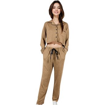 Women's Long Sleeve Button-Up Pajama Set with Piped Trim Details and Relaxed Fit