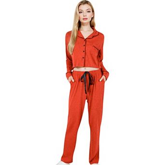 Women's Long Sleeve Button-Up Pajama Set with Piped Trim Details and Relaxed Fit