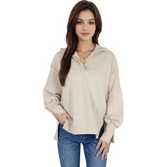 Women's Oversized Long Sleeve Pullover with Snap Button Collar and Raw Edge Hem