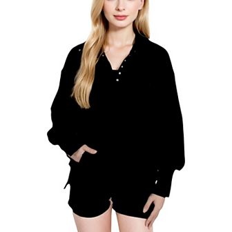 Women's Oversized Long Sleeve Pullover with Snap Button Collar and Raw Edge Hem
