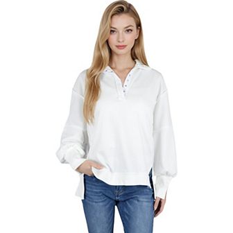 Women's Oversized Long Sleeve Pullover with Snap Button Collar and Raw Edge Hem
