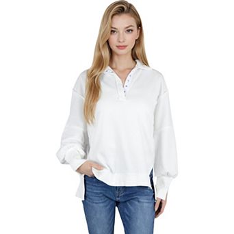 Women's Oversized Long Sleeve Pullover with Snap Button Collar and Raw Edge Hem