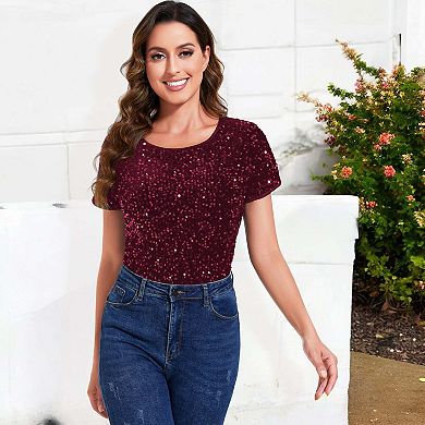 Women's Sparkly Sequin Velvet Tops Short Sleeve Shirt Party Blouse
