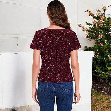 Women's Sparkly Sequin Velvet Tops Short Sleeve Shirt Party Blouse