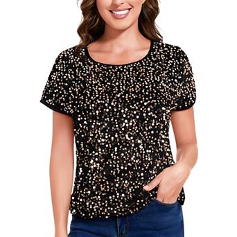 Women's Sparkly Sequin Velvet Tops Short Sleeve Shirt Party Blouse