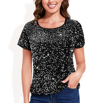 Women's Sparkly Sequin Velvet Tops Short Sleeve Shirt Party Blouse