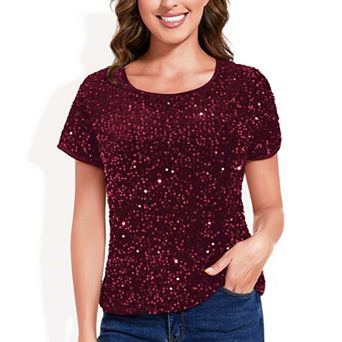 Women's Sparkly Sequin Velvet Tops Short Sleeve Shirt Party Blouse