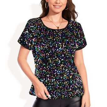 Women's Sparkly Sequin Velvet Tops Short Sleeve Shirt Party Blouse
