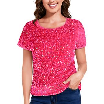 Women's Sparkly Sequin Velvet Tops Short Sleeve Shirt Party Blouse