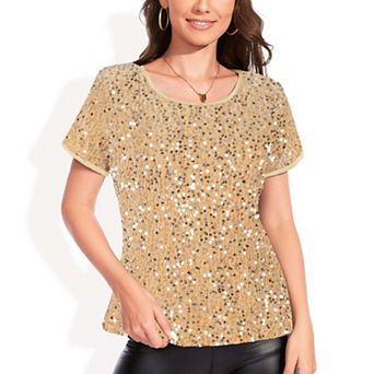 Women's Sparkly Sequin Velvet Tops Short Sleeve Shirt Party Blouse