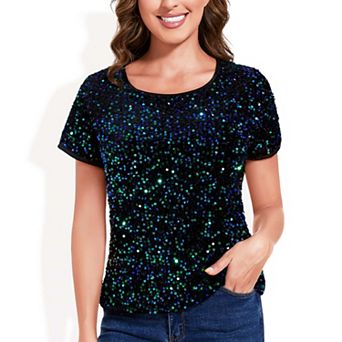 Women's Sparkly Sequin Velvet Tops Short Sleeve Shirt Party Blouse