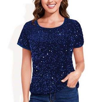 Women's Sparkly Sequin Velvet Tops Short Sleeve Shirt Party Blouse