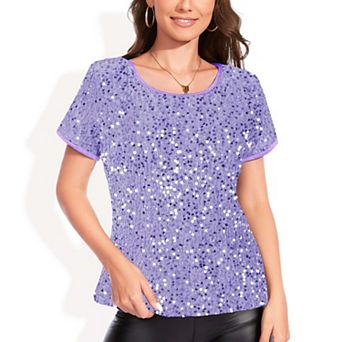 Women's Sparkly Sequin Velvet Tops Short Sleeve Shirt Party Blouse