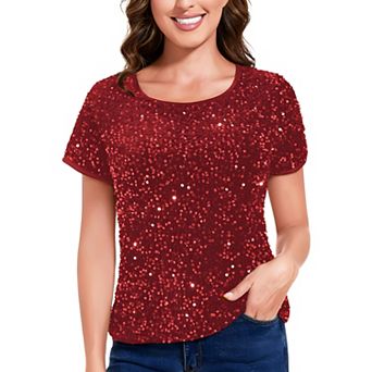 Women's Sparkly Sequin Velvet Tops Short Sleeve Shirt Party Blouse