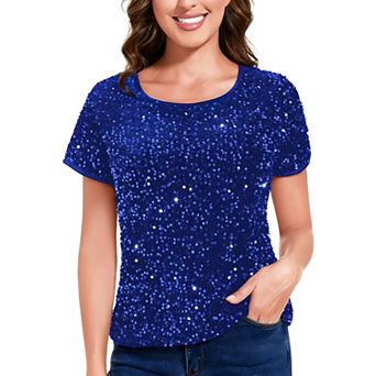 Women's Sparkly Sequin Velvet Tops Short Sleeve Shirt Party Blouse