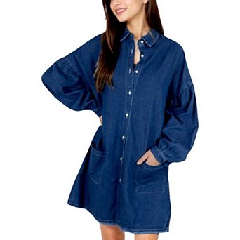 Women's Long Sleeve Denim Shirt Dress with Front Button Closure and Patch Pockets
