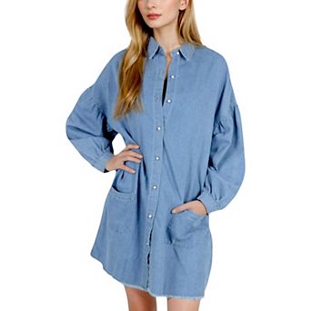 Women's Long Sleeve Denim Shirt Dress with Front Button Closure and Patch Pockets