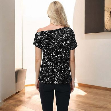 Women's Sequin One Shoulder Short Sleeve Top Glitter Concert Tunic Blouse