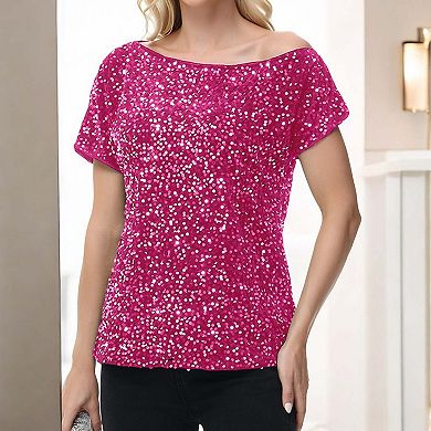 Women's Sequin One Shoulder Short Sleeve Top Glitter Concert Tunic Blouse
