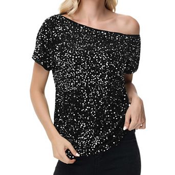Women's Sequin One Shoulder Short Sleeve Top Glitter Concert Tunic Blouse