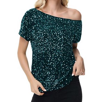 Women's Sequin One Shoulder Short Sleeve Top Glitter Concert Tunic Blouse