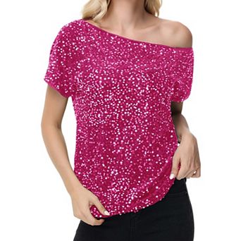 Women's Sequin One Shoulder Short Sleeve Top Glitter Concert Tunic Blouse