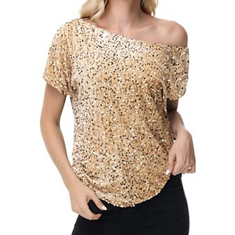 Women's Sequin One Shoulder Short Sleeve Top Glitter Concert Tunic Blouse