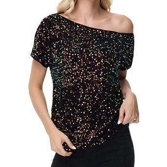 Women's Sequin One Shoulder Short Sleeve Top Glitter Concert Tunic Blouse