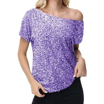Women's Sequin One Shoulder Short Sleeve Top Glitter Concert Tunic Blouse