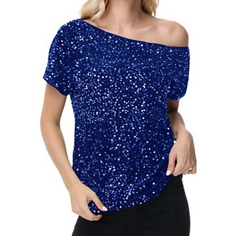Women's Sequin One Shoulder Short Sleeve Top Glitter Concert Tunic Blouse
