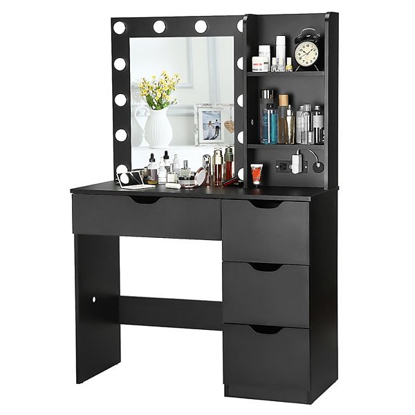Modern Vanity Makeup Desk with Vanity Mirror, 4 Drawers - Black
