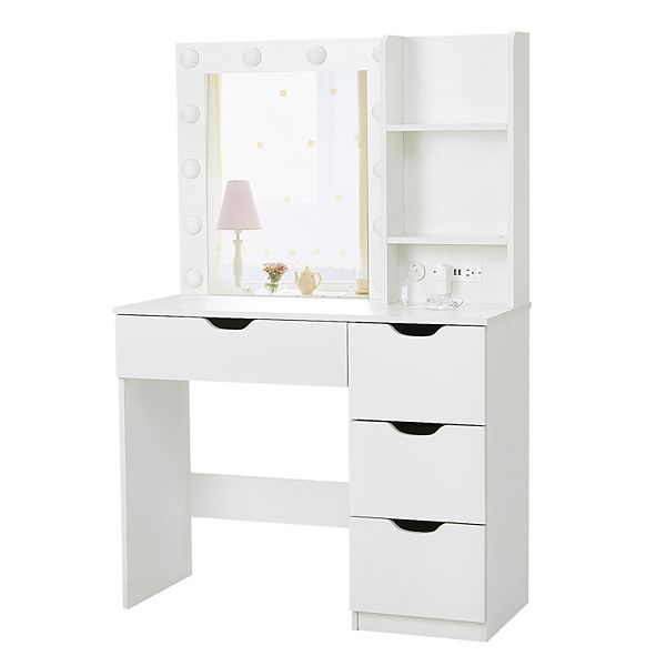 Modern Vanity Makeup Desk with Vanity Mirror, 4 Drawers - White