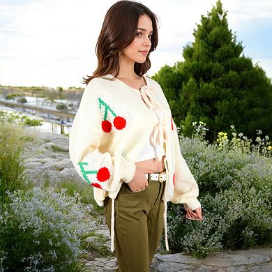 Women's Chunky Knit Tie-Front Cardigan with Cherry Pattern