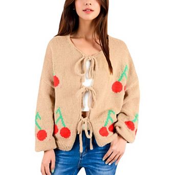 Women's Chunky Knit Tie-Front Cardigan with Cherry Pattern