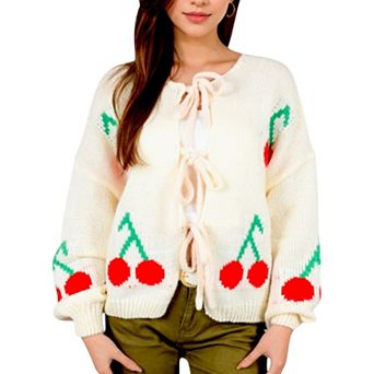Women's Chunky Knit Tie-Front Cardigan with Cherry Pattern