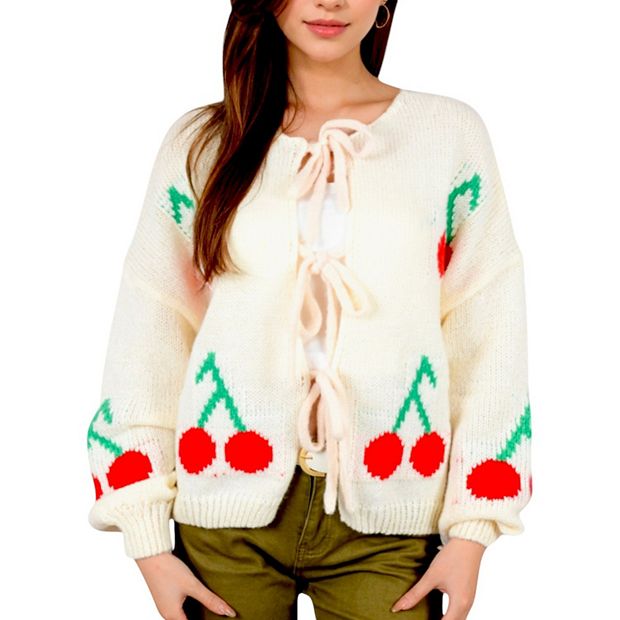 Women's Chunky Knit Tie-Front Cardigan with Cherry Pattern