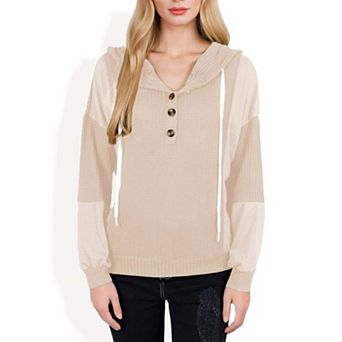 Women's Mixed Tone Knit Button Hoodie