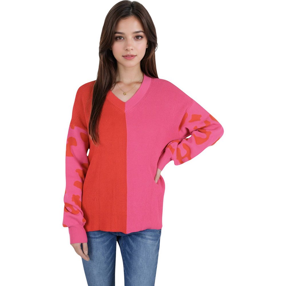 Carbon Grey Leopard Pattern Contrast Trim Round Neck Sweater main image 0