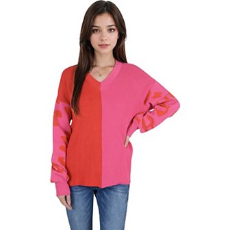 Women's Long Sleeve Color Block V-Neck Sweater with Leopard Print Sleeves
