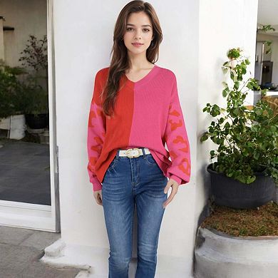 Women's Long Sleeve Color Block V-Neck Sweater with Leopard Print Sleeves