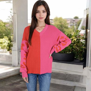 Women's Long Sleeve Color Block V-Neck Sweater with Leopard Print Sleeves