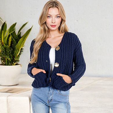Women's Chunky Knit Cardigan with Statement Button Front and Deep Pockets