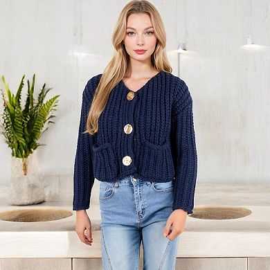 Women's Chunky Knit Cardigan with Statement Button Front and Deep Pockets