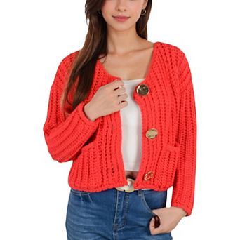 Women's Chunky Knit Cardigan with Statement Button Front and Deep Pockets